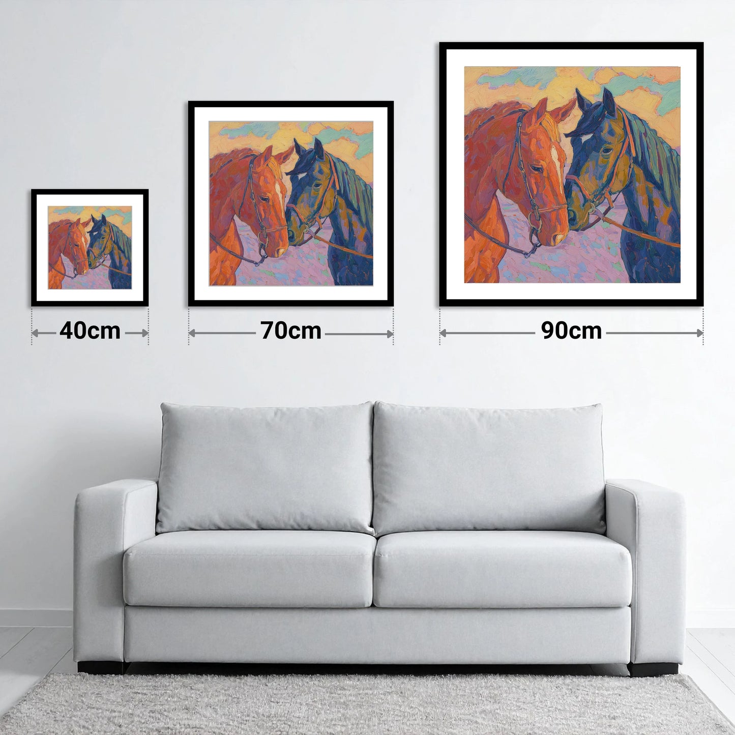 Vibrant Equine Bond - size guide showing 40cm, 70cm and 90cm art prints