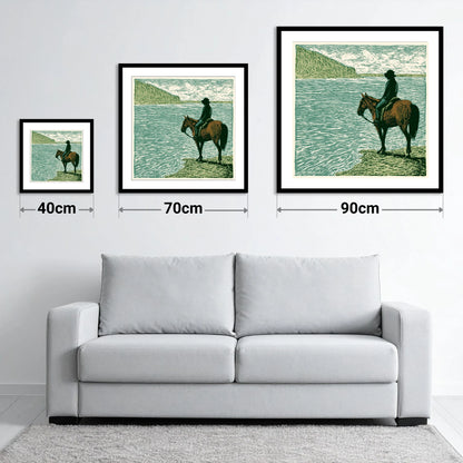 Watching the Tide - size guide showing 40cm, 70cm and 90cm art prints