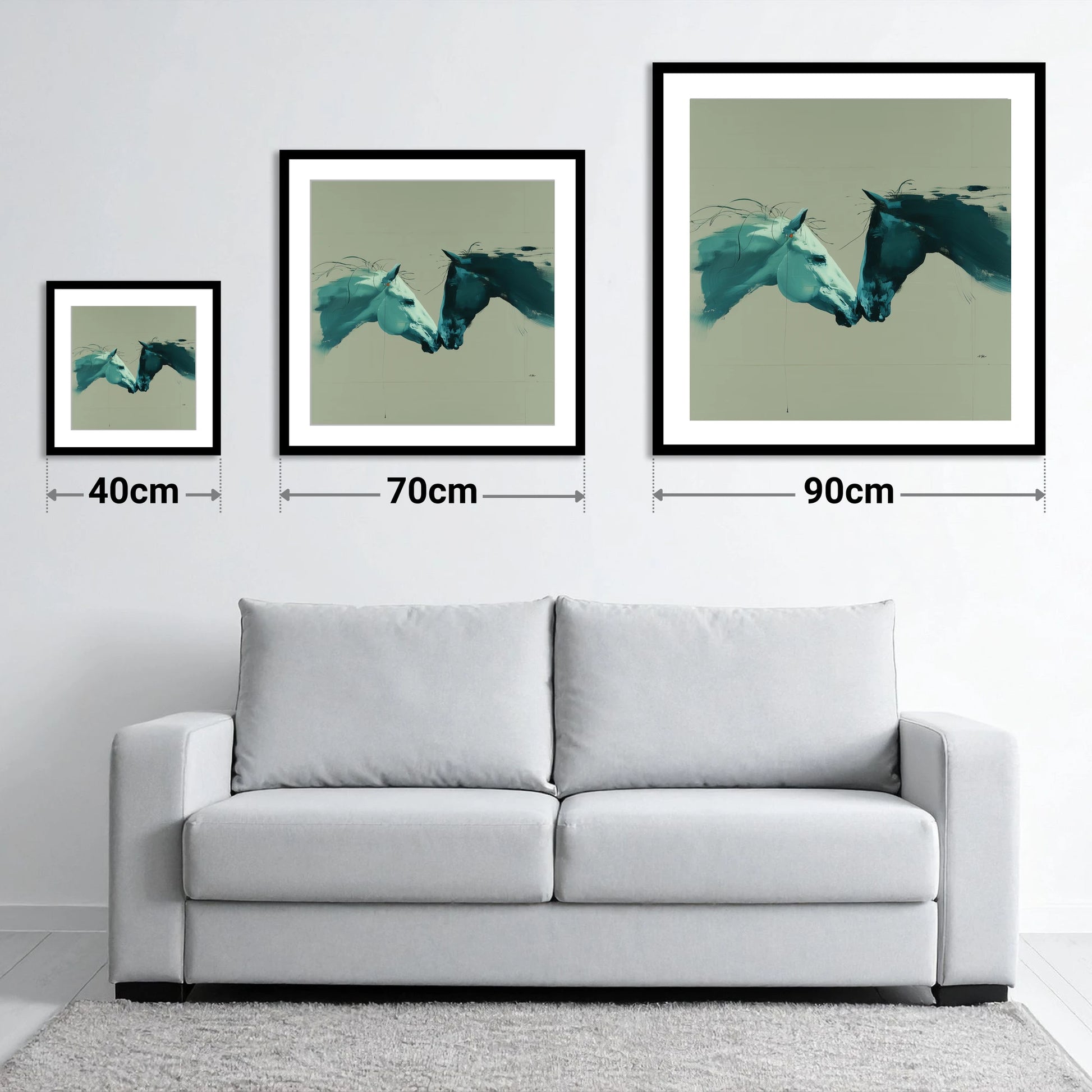 Kindred Spirits - size guide showing 40cm, 70cm and 90cm art prints