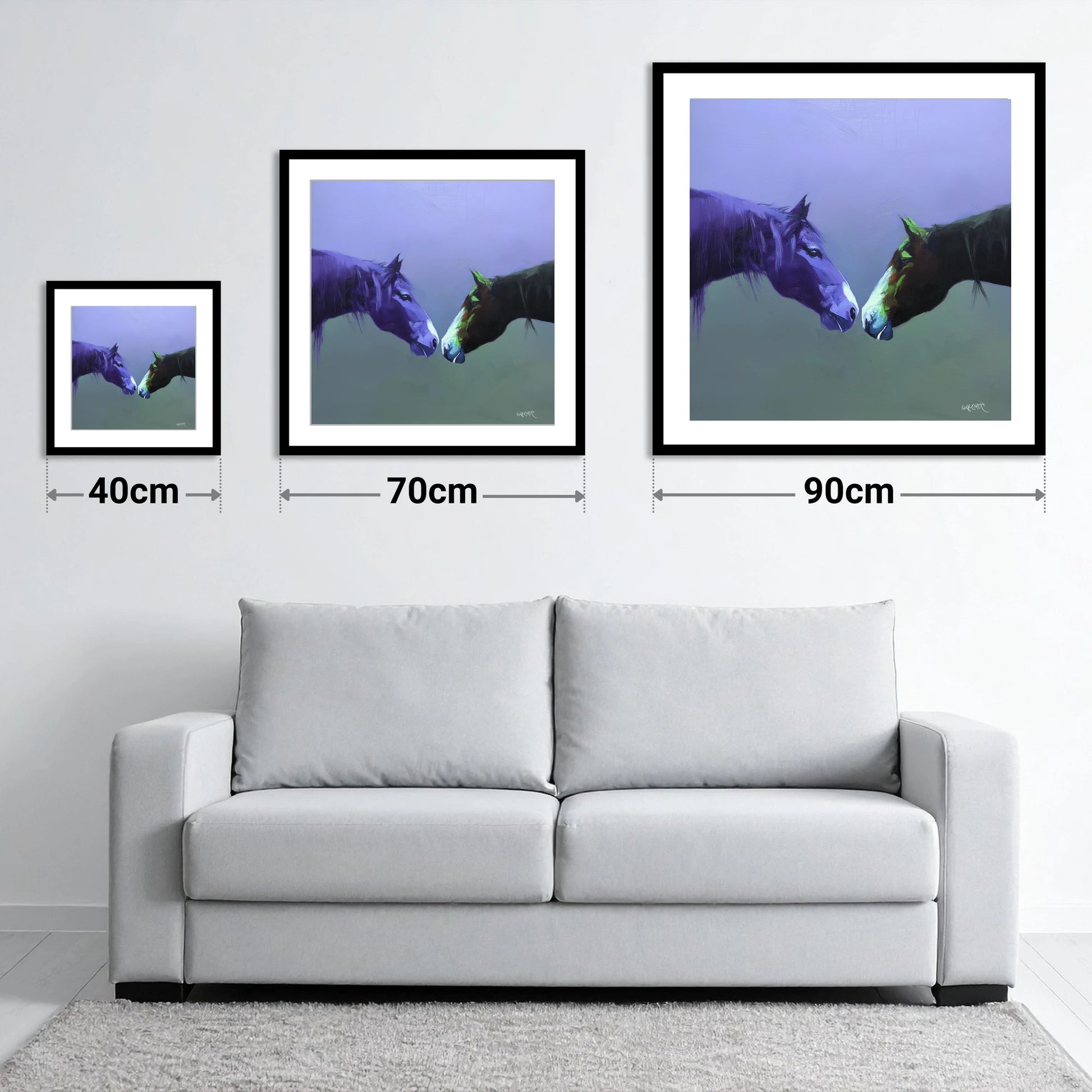The Quiet Connection - size guide showing 40cm, 70cm and 90cm art prints