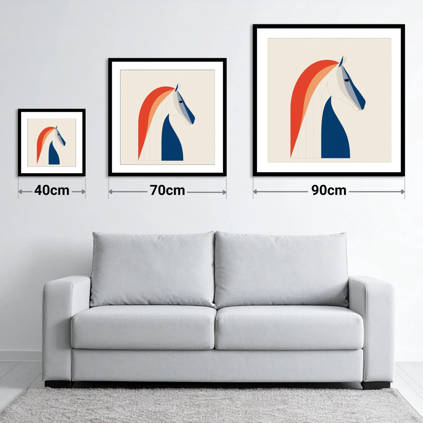 Modernist Equine Form - size guide showing 40cm, 70cm and 90cm art prints