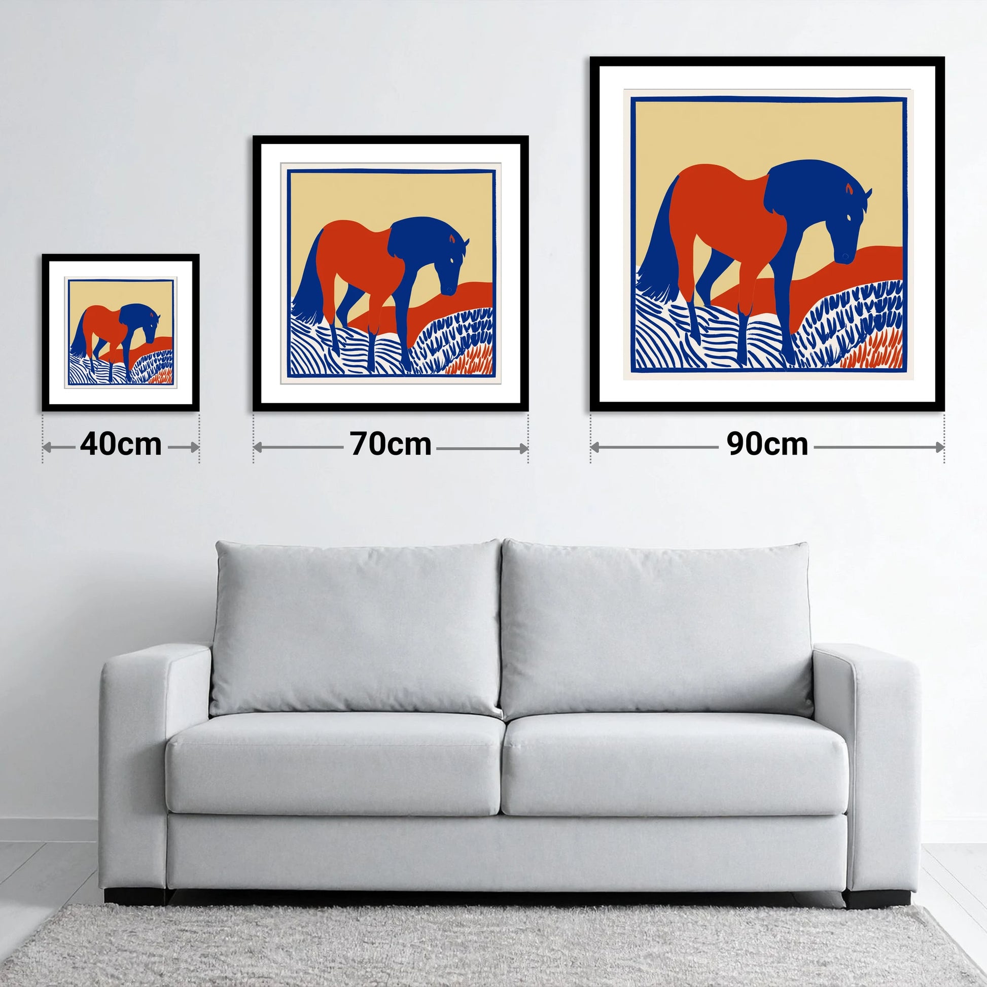 Cobalt And Rust - size guide showing 40cm, 70cm and 90cm art prints