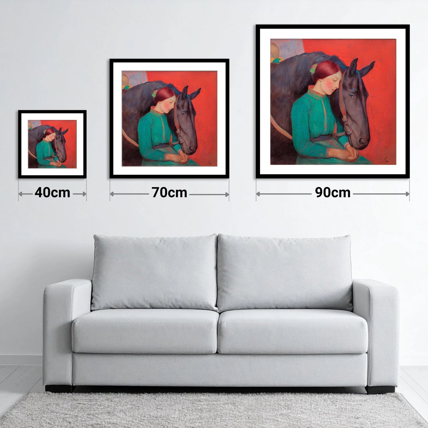 Silent Understanding - size guide showing 40cm, 70cm and 90cm art prints