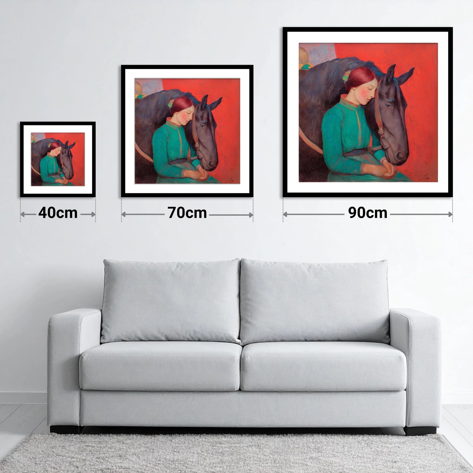 Silent Understanding - size guide showing 40cm, 70cm and 90cm art prints