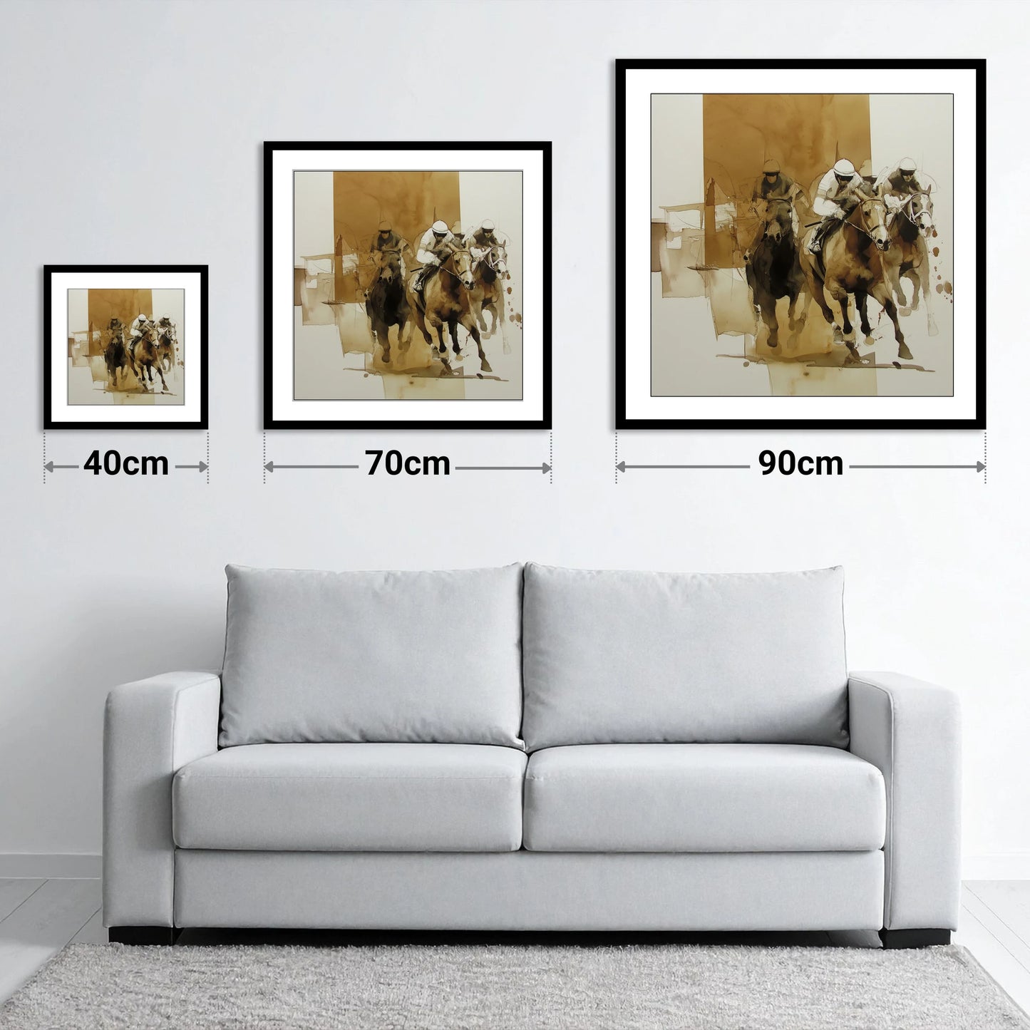 The Final Furlong - size guide showing 40cm, 70cm and 90cm art prints