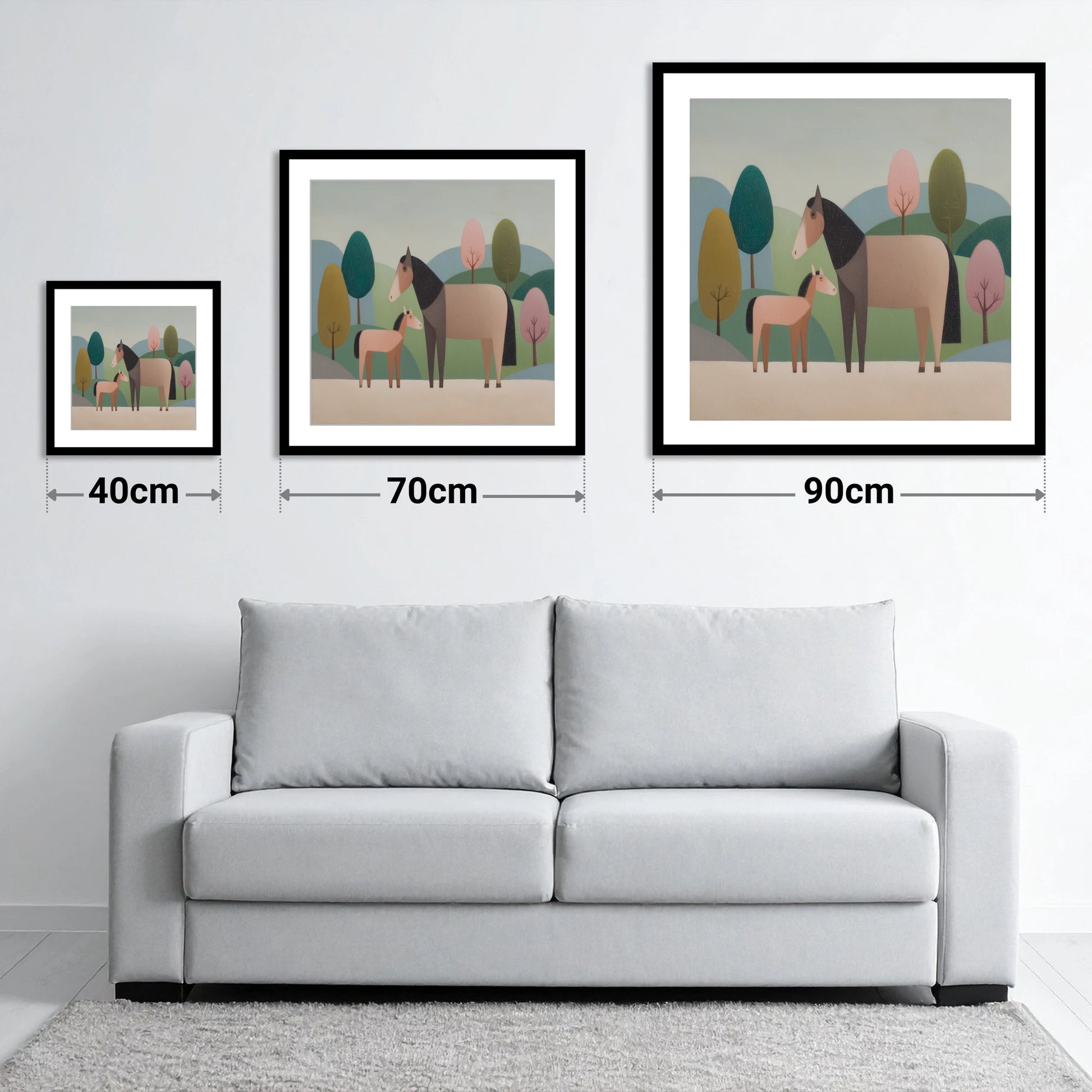 Pastoral Harmony - size guide showing 40cm, 70cm and 90cm art prints