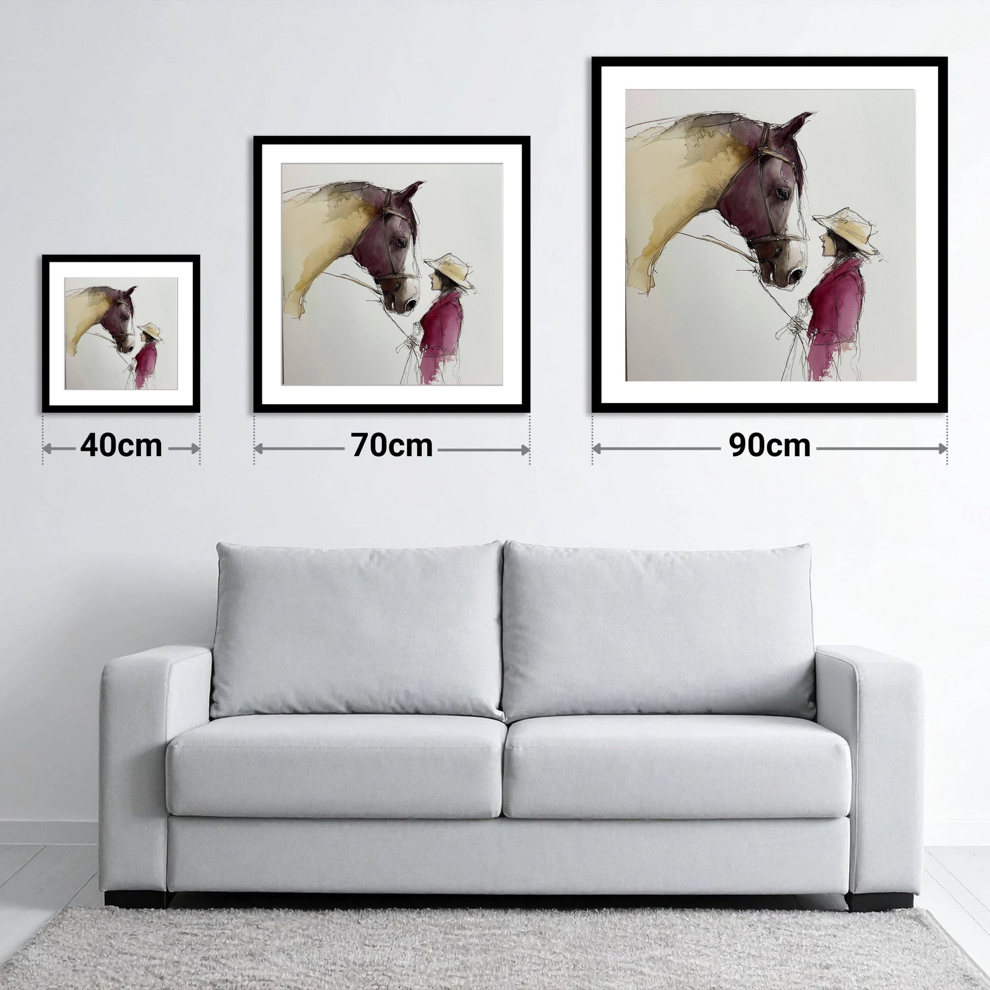 The Silent Dialogue - size guide showing 40cm, 70cm and 90cm art prints