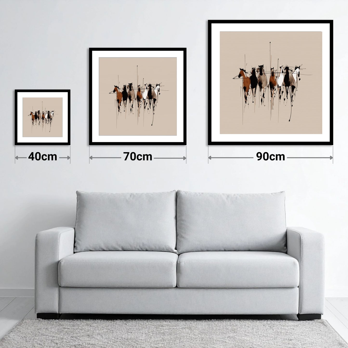 The Fluid Herd - size guide showing 40cm, 70cm and 90cm art prints