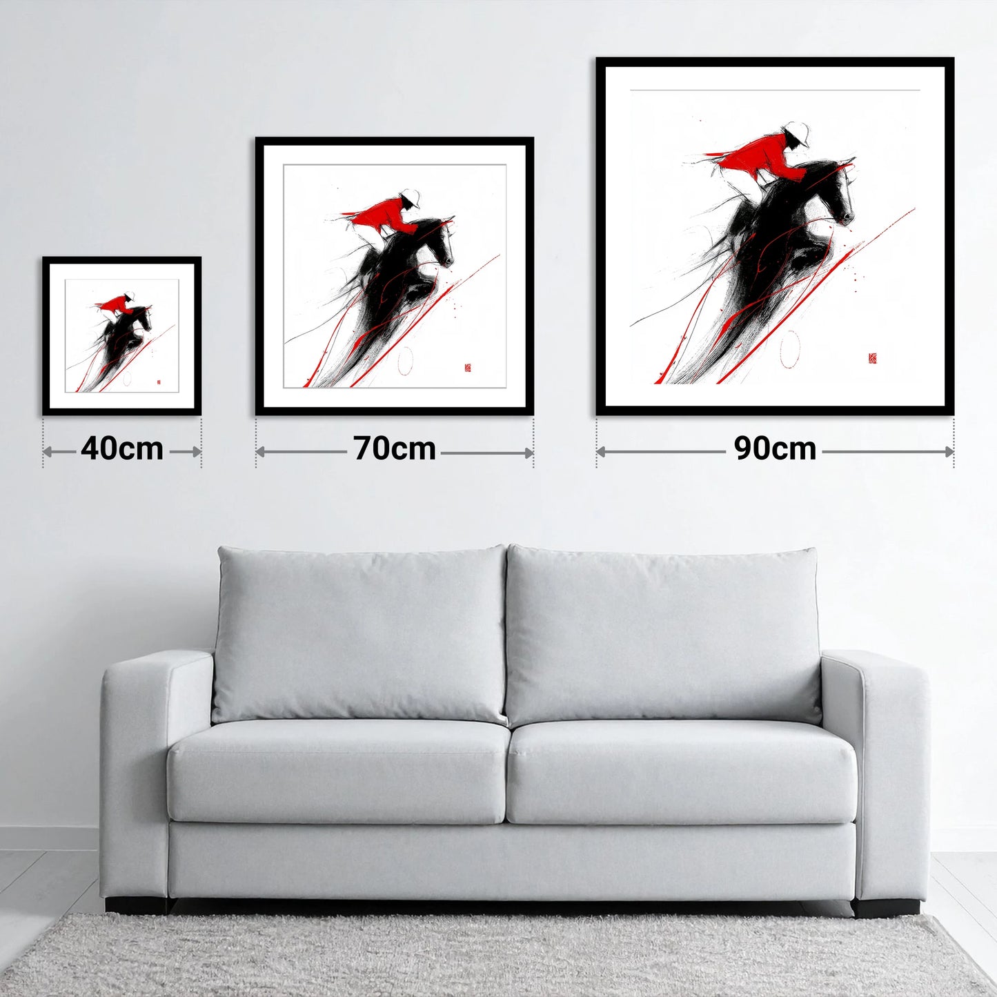 Flight in Crimson - size guide showing 40cm, 70cm and 90cm art prints