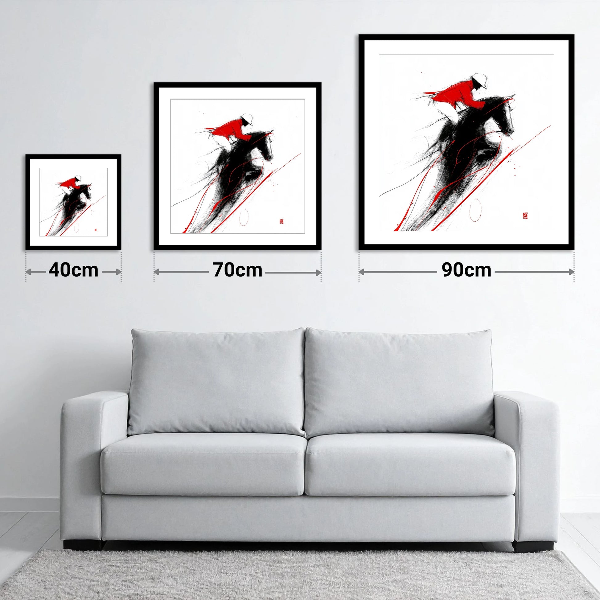 Flight in Crimson - size guide showing 40cm, 70cm and 90cm art prints
