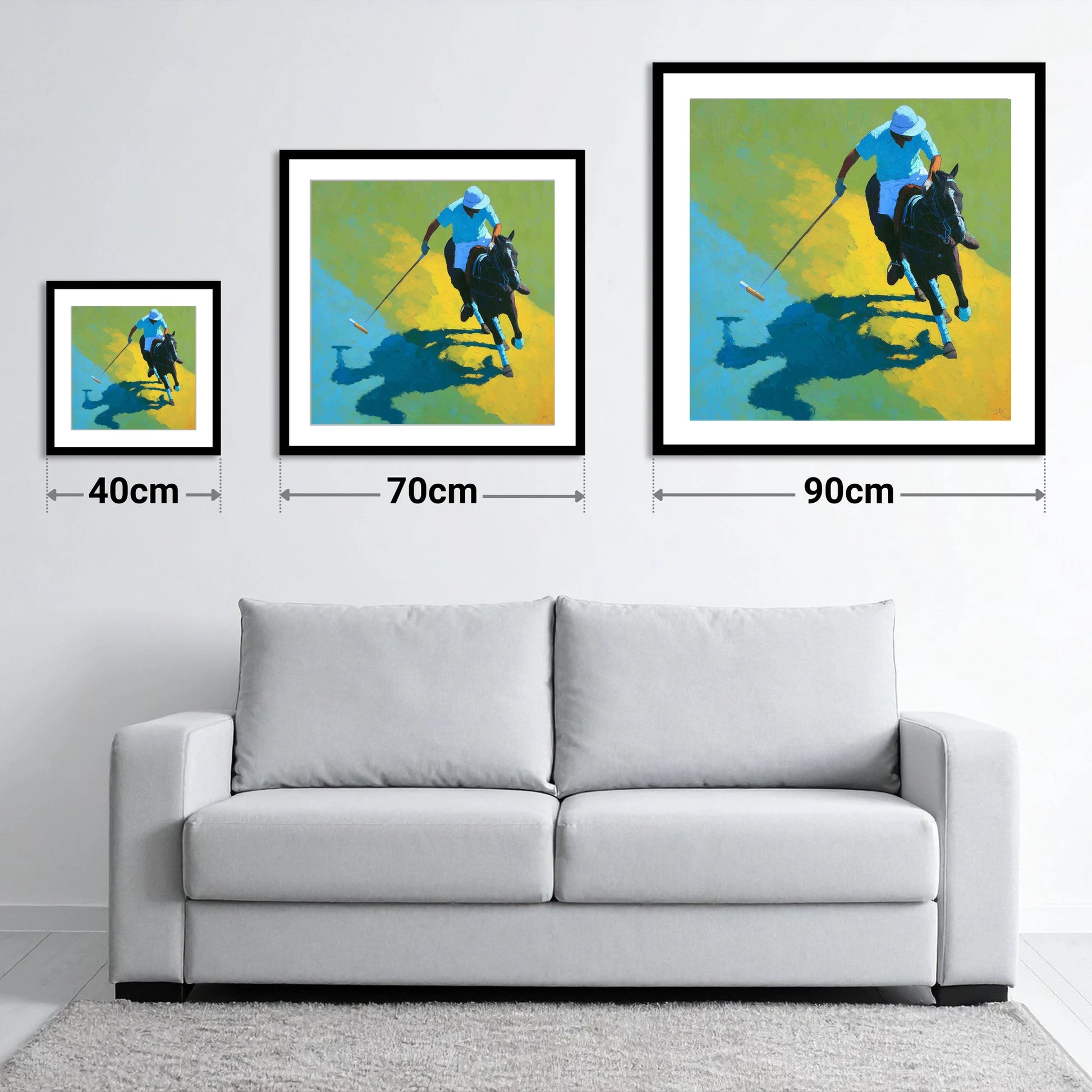 Shadows of the Chukka - size guide showing 40cm, 70cm and 90cm art prints