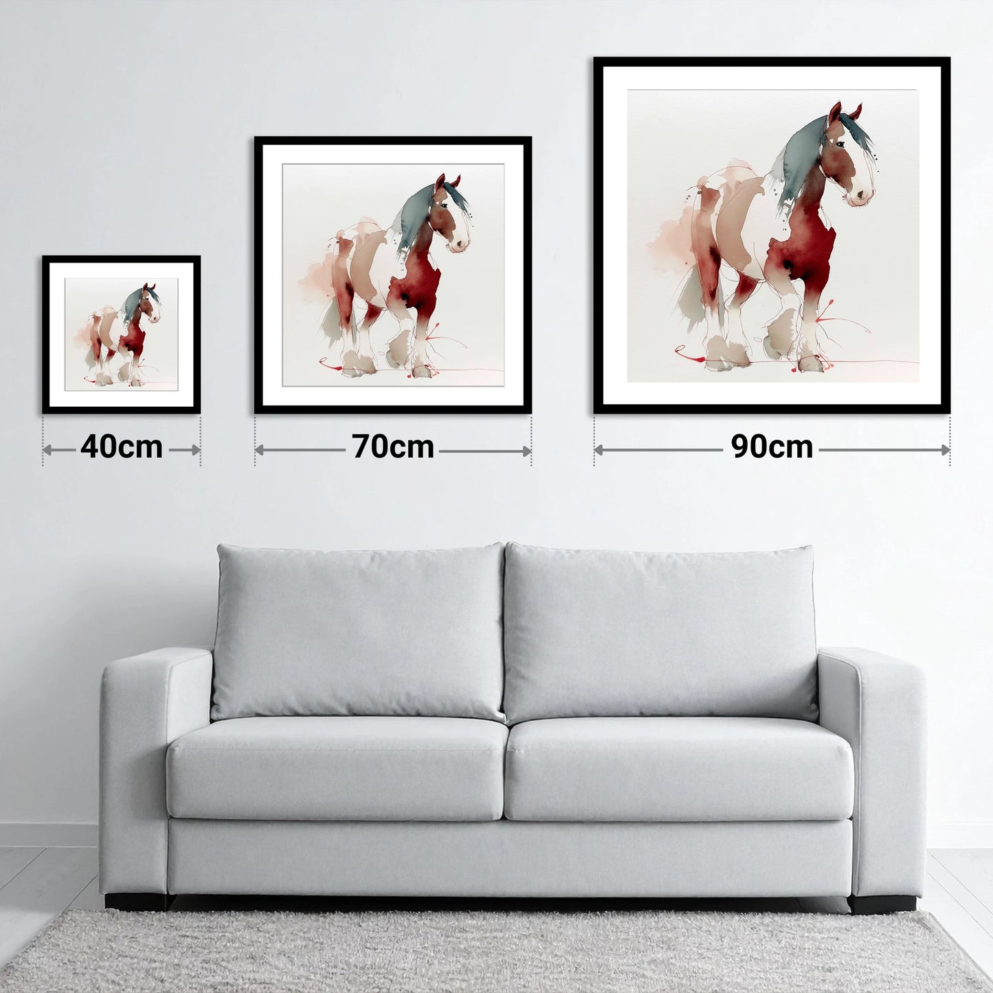 Crimson Wash Heavy Horse - size guide showing 40cm, 70cm and 90cm art prints