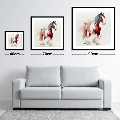 Crimson Wash Heavy Horse - size guide showing 40cm, 70cm and 90cm art prints
