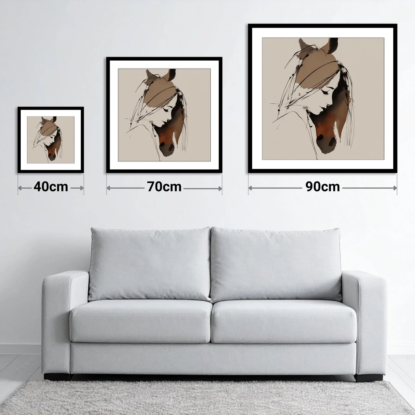 Intertwined Spirits - size guide showing 40cm, 70cm and 90cm art prints