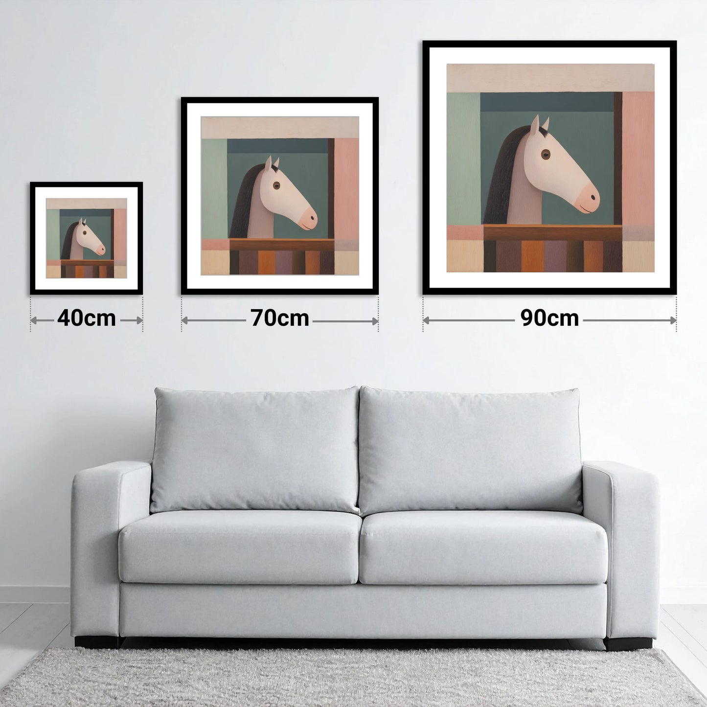 The Quiet Stable Companion - size guide showing 40cm, 70cm and 90cm art prints