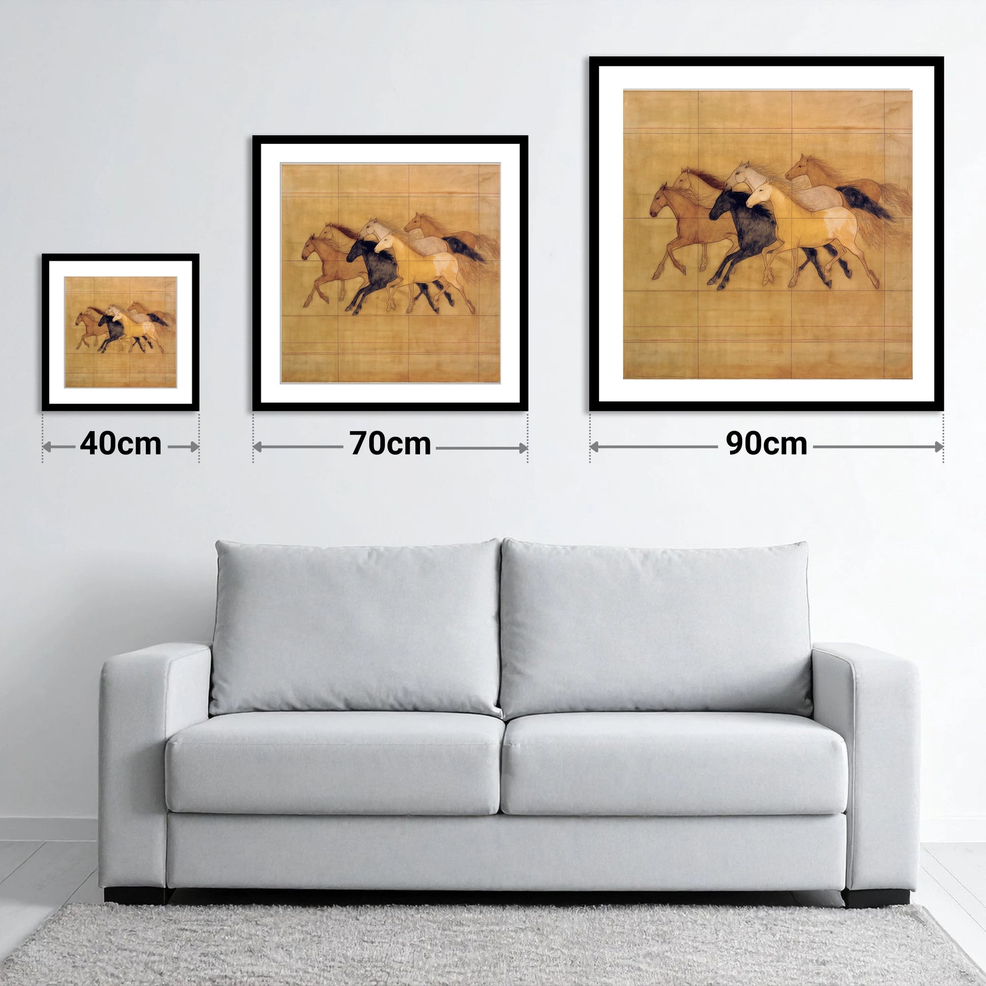 Classical Herd Study - size guide showing 40cm, 70cm and 90cm art prints