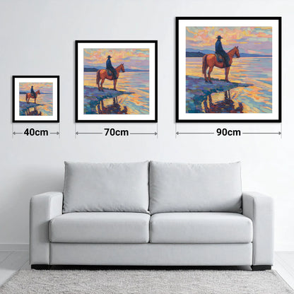 Solitary Sunset Ride - size guide showing 40cm, 70cm and 90cm art prints