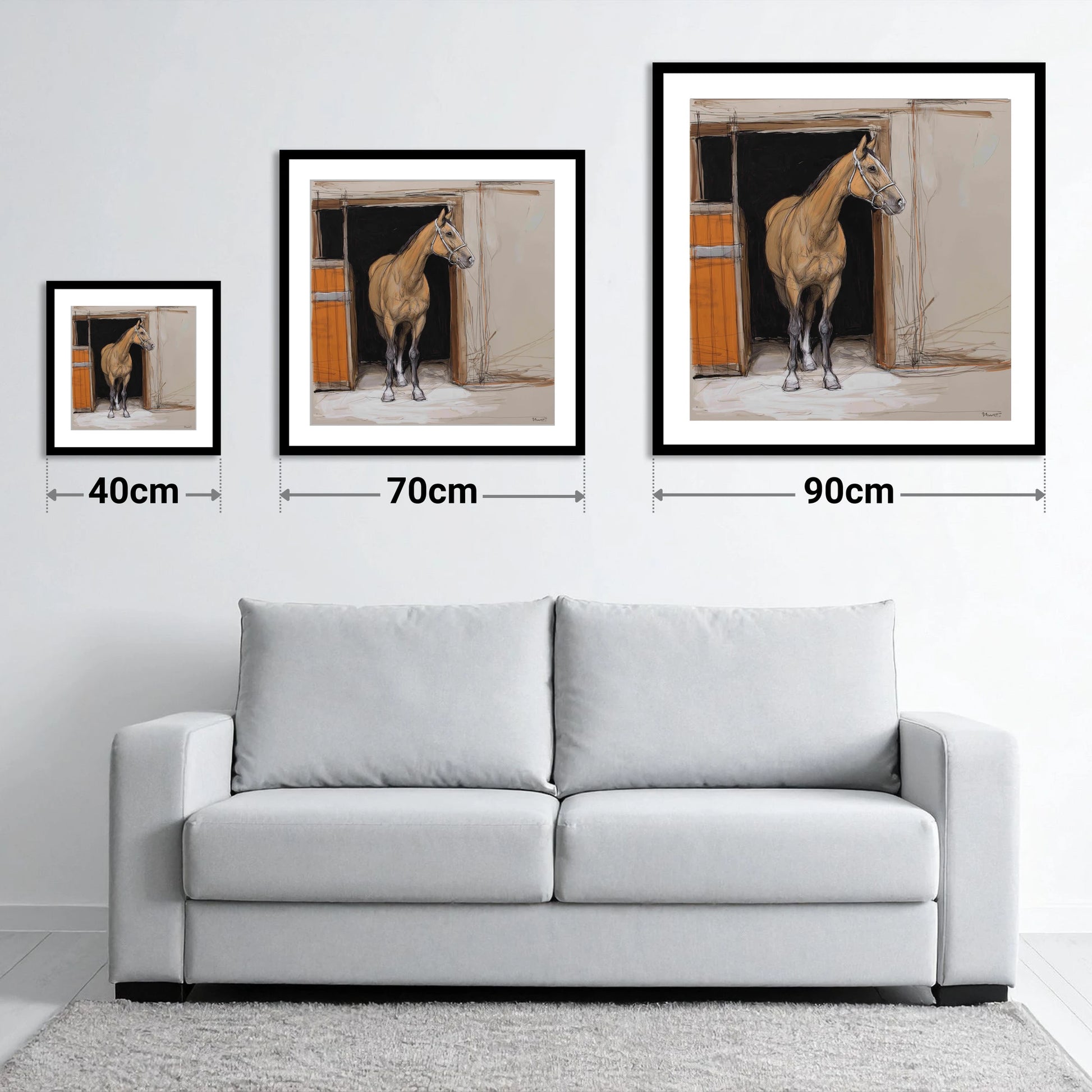 Morning Watch - size guide showing 40cm, 70cm and 90cm art prints