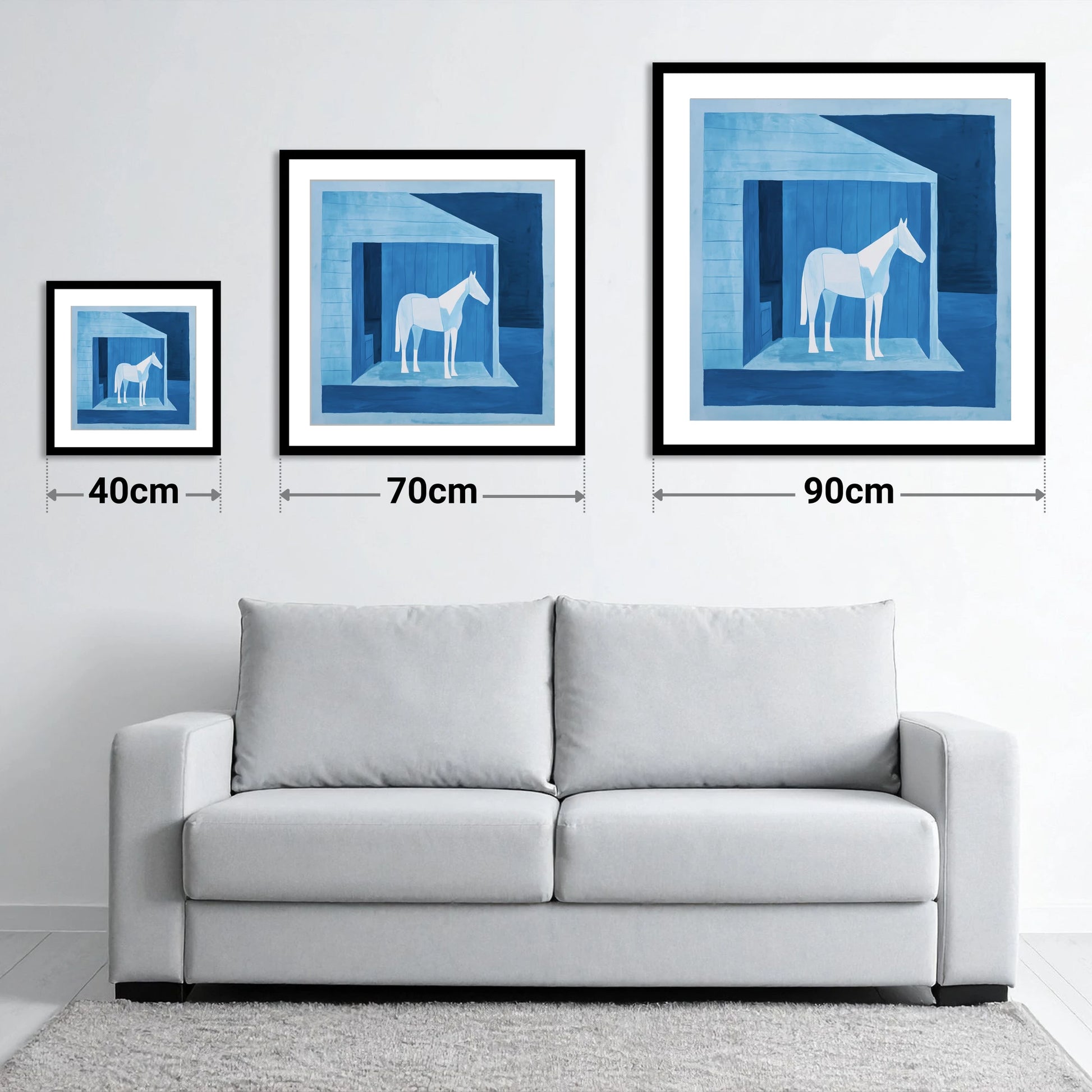 Azure Shelter - size guide showing 40cm, 70cm and 90cm art prints