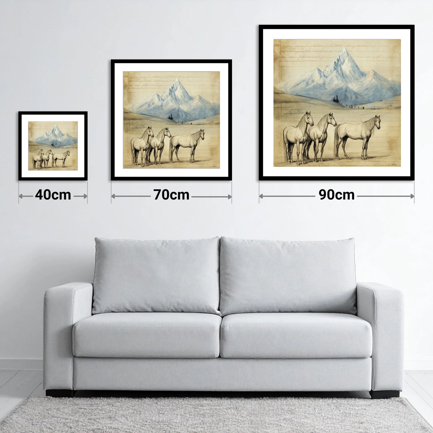 Alpine Journal Sketch - size guide showing 40cm, 70cm and 90cm art prints
