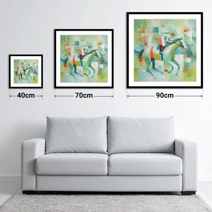 Geometric Gallop - size guide showing 40cm, 70cm and 90cm art prints