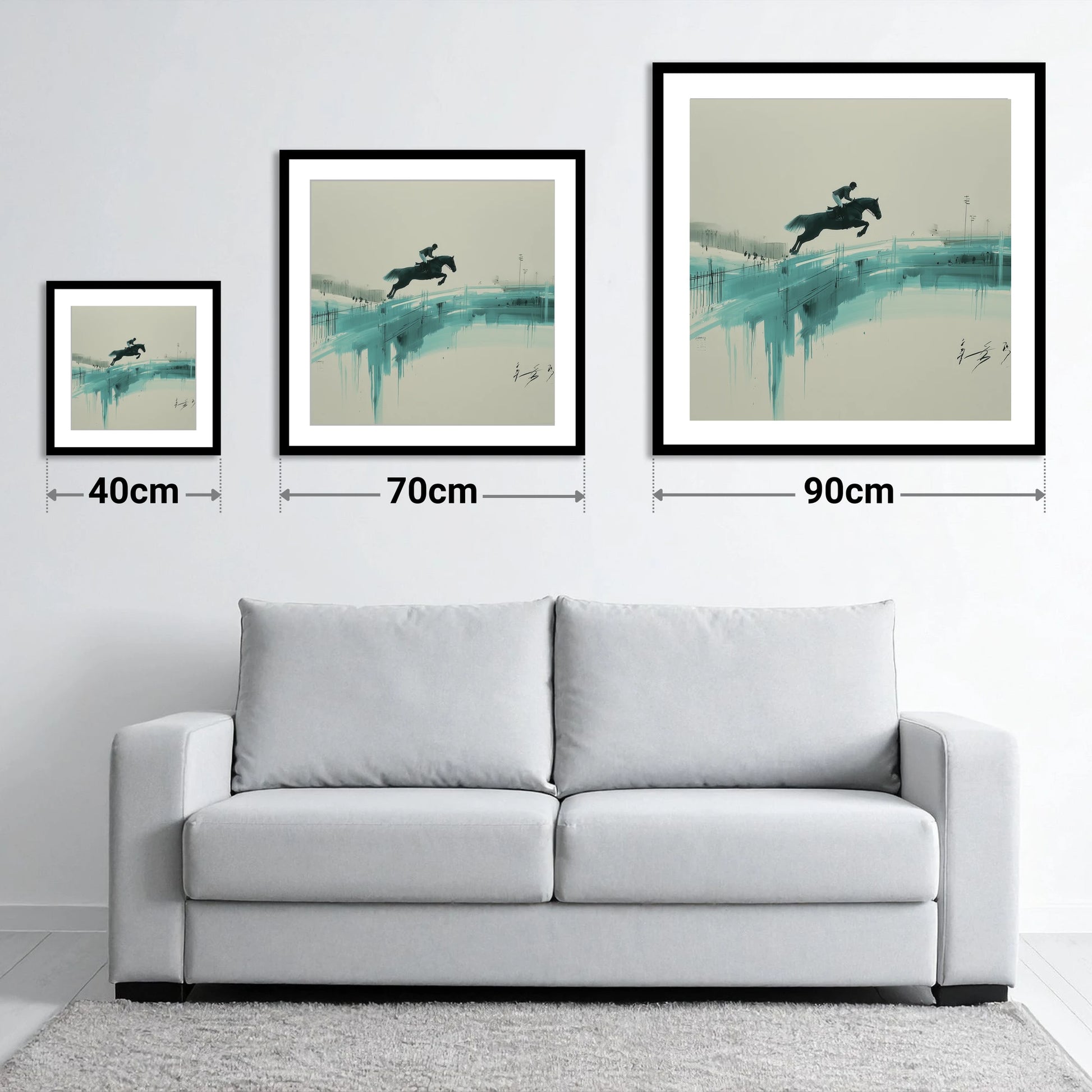 Airborne in Teal - size guide showing 40cm, 70cm and 90cm art prints
