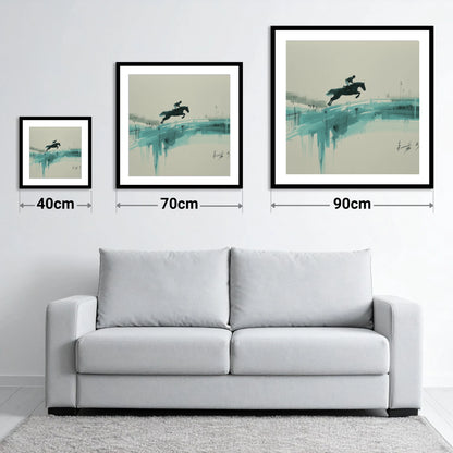 Airborne in Teal - size guide showing 40cm, 70cm and 90cm art prints