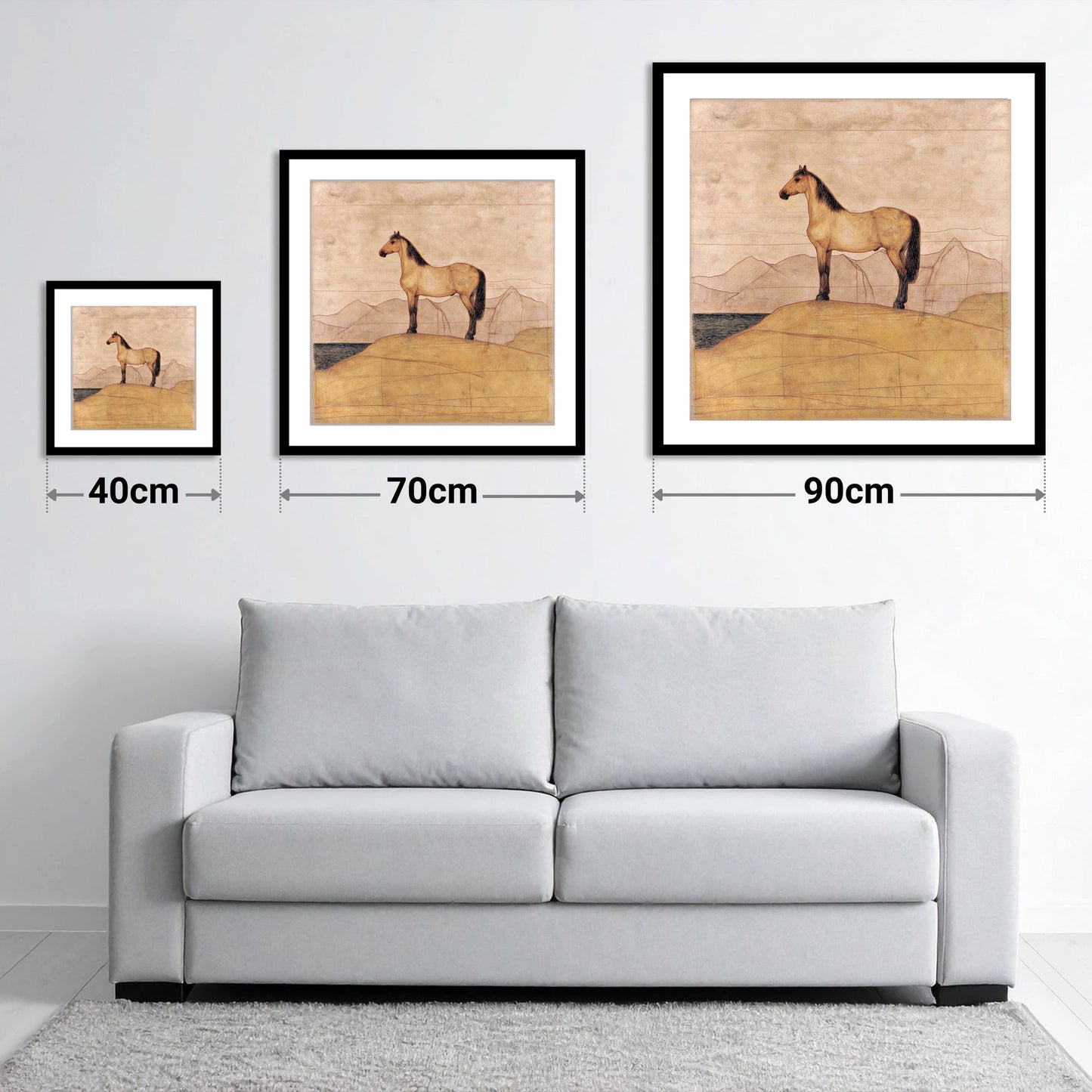 Golden Ridge Study - size guide showing 40cm, 70cm and 90cm art prints