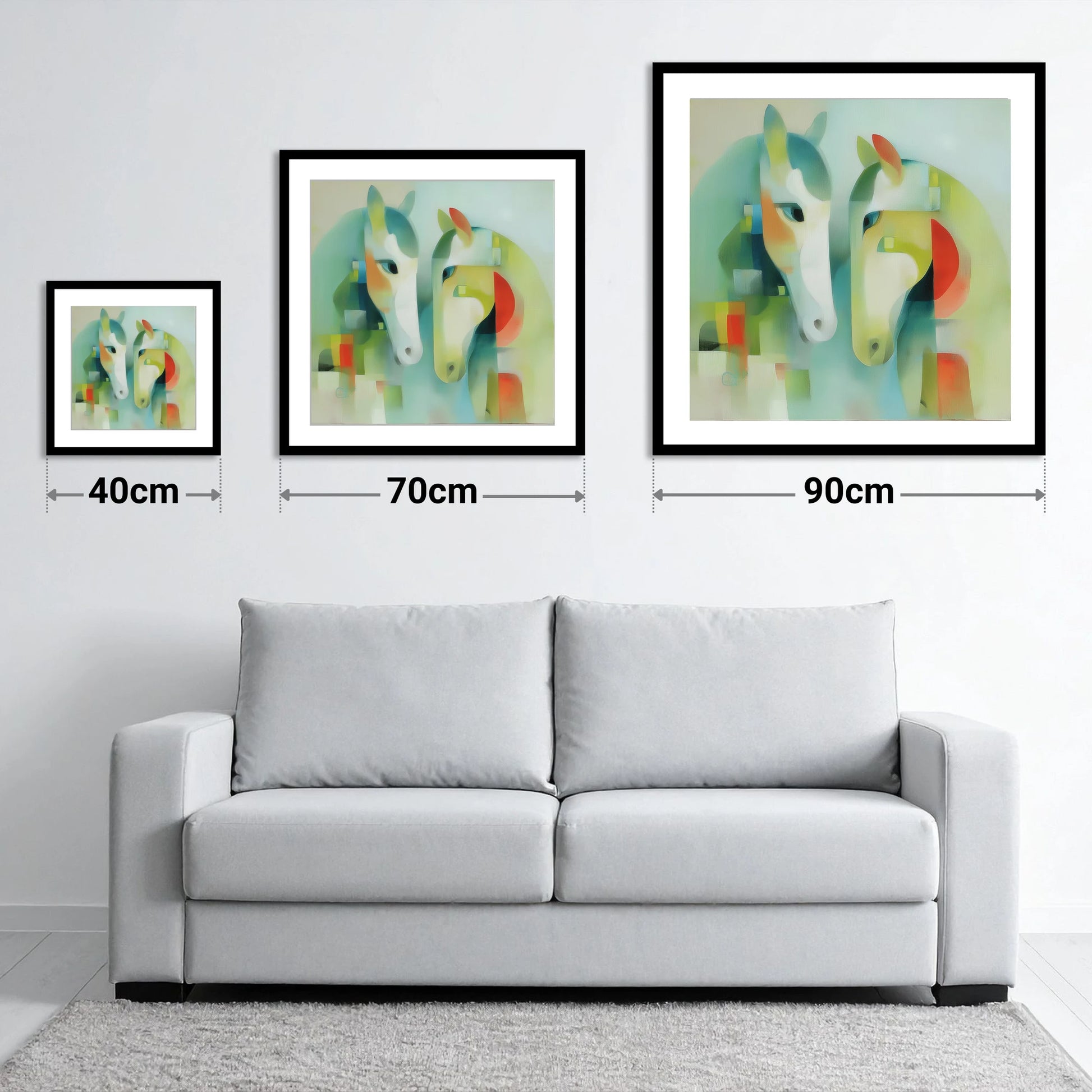 Structured Serenity - size guide showing 40cm, 70cm and 90cm art prints