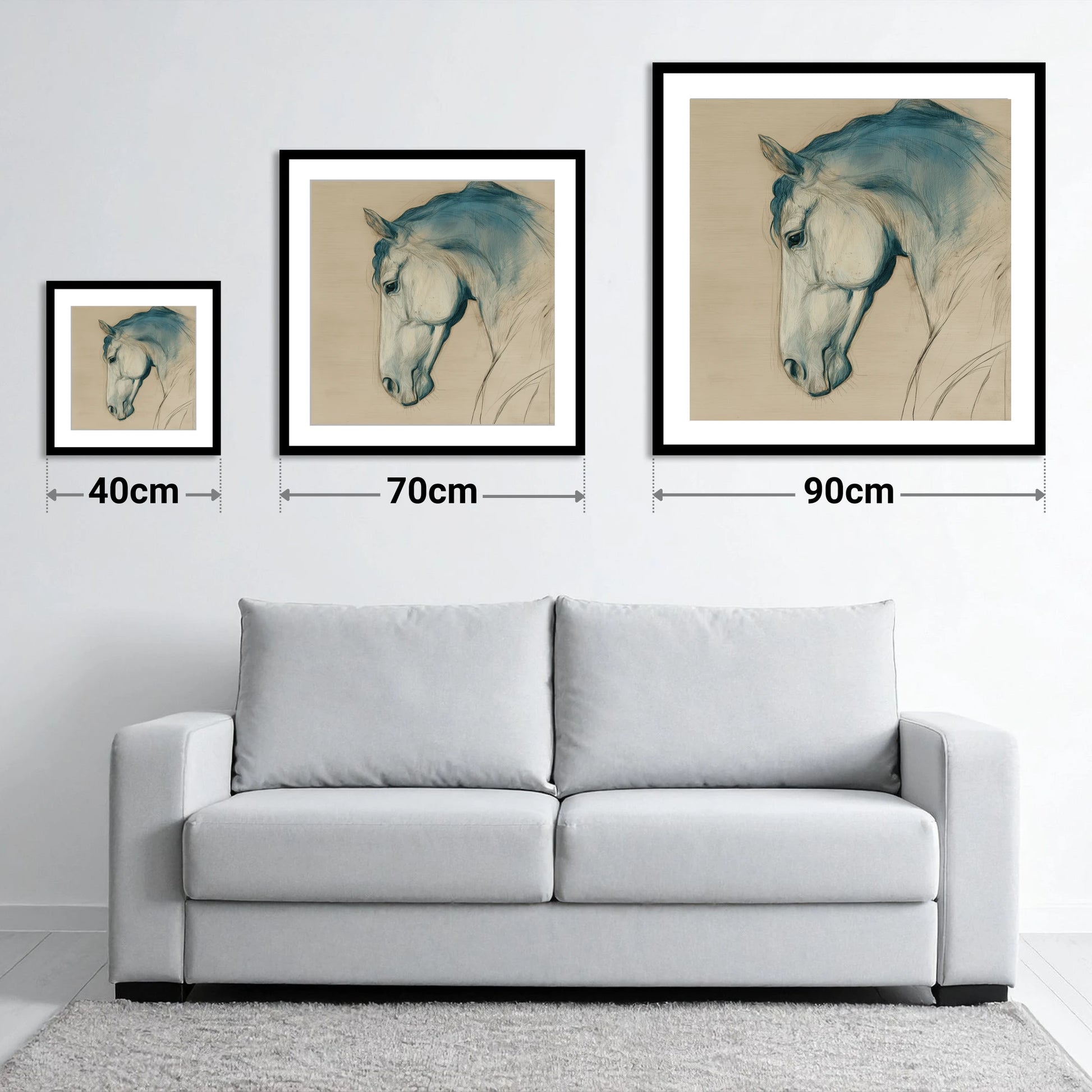 Teal Wash Equine Profile - size guide showing 40cm, 70cm and 90cm art prints