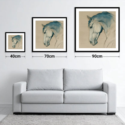 Teal Wash Equine Profile - size guide showing 40cm, 70cm and 90cm art prints