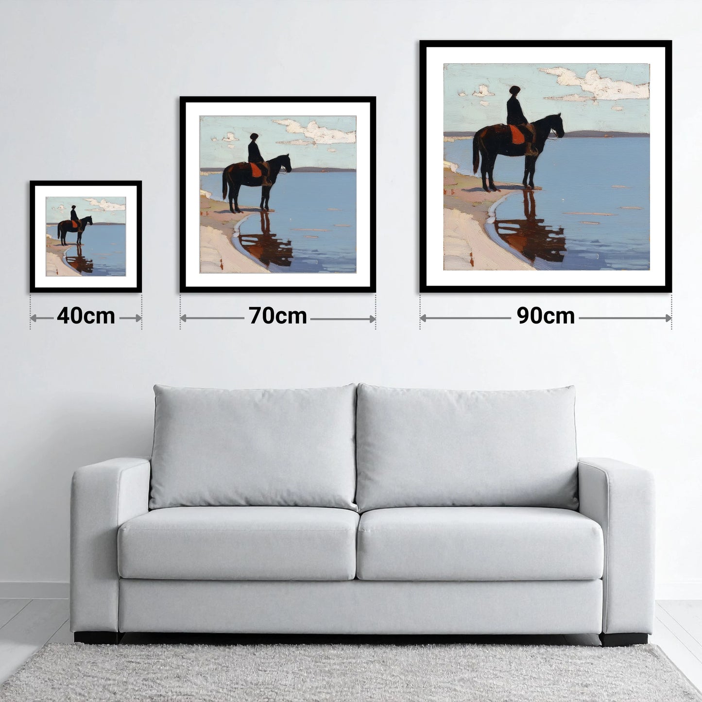Stillness at the Shore - size guide showing 40cm, 70cm and 90cm art prints
