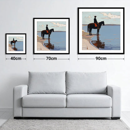 Stillness at the Shore - size guide showing 40cm, 70cm and 90cm art prints