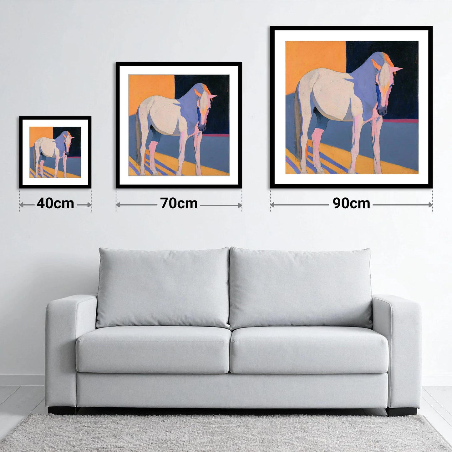 Vibrant Colour Block Grey Horse - size guide showing 40cm, 70cm and 90cm art prints