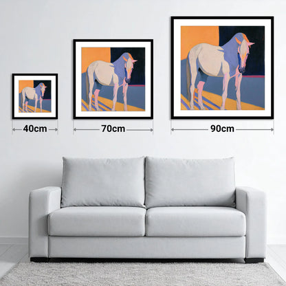 Vibrant Colour Block Grey Horse - size guide showing 40cm, 70cm and 90cm art prints