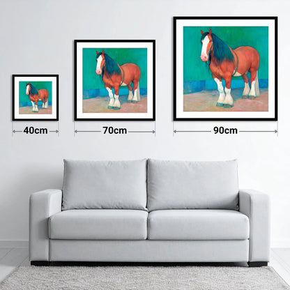 Vibrant Heavy Horse - size guide showing 40cm, 70cm and 90cm art prints