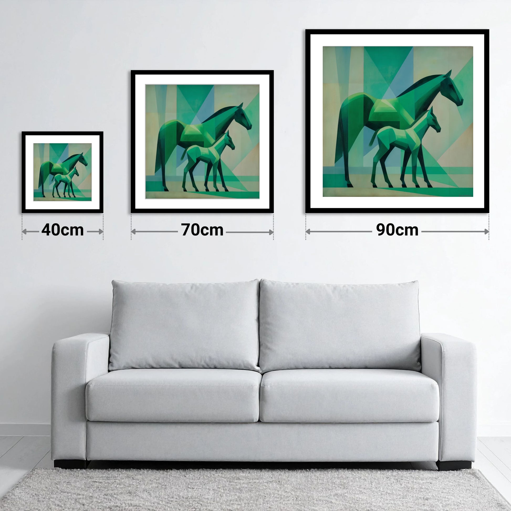 Facets in Emerald - size guide showing 40cm, 70cm and 90cm art prints