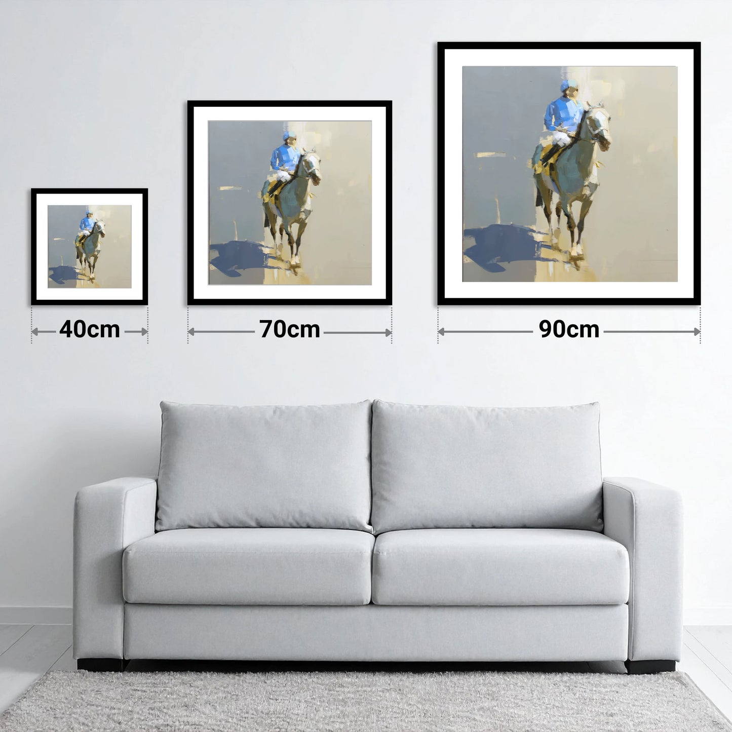 Blue Silks and Shadows - size guide showing 40cm, 70cm and 90cm art prints