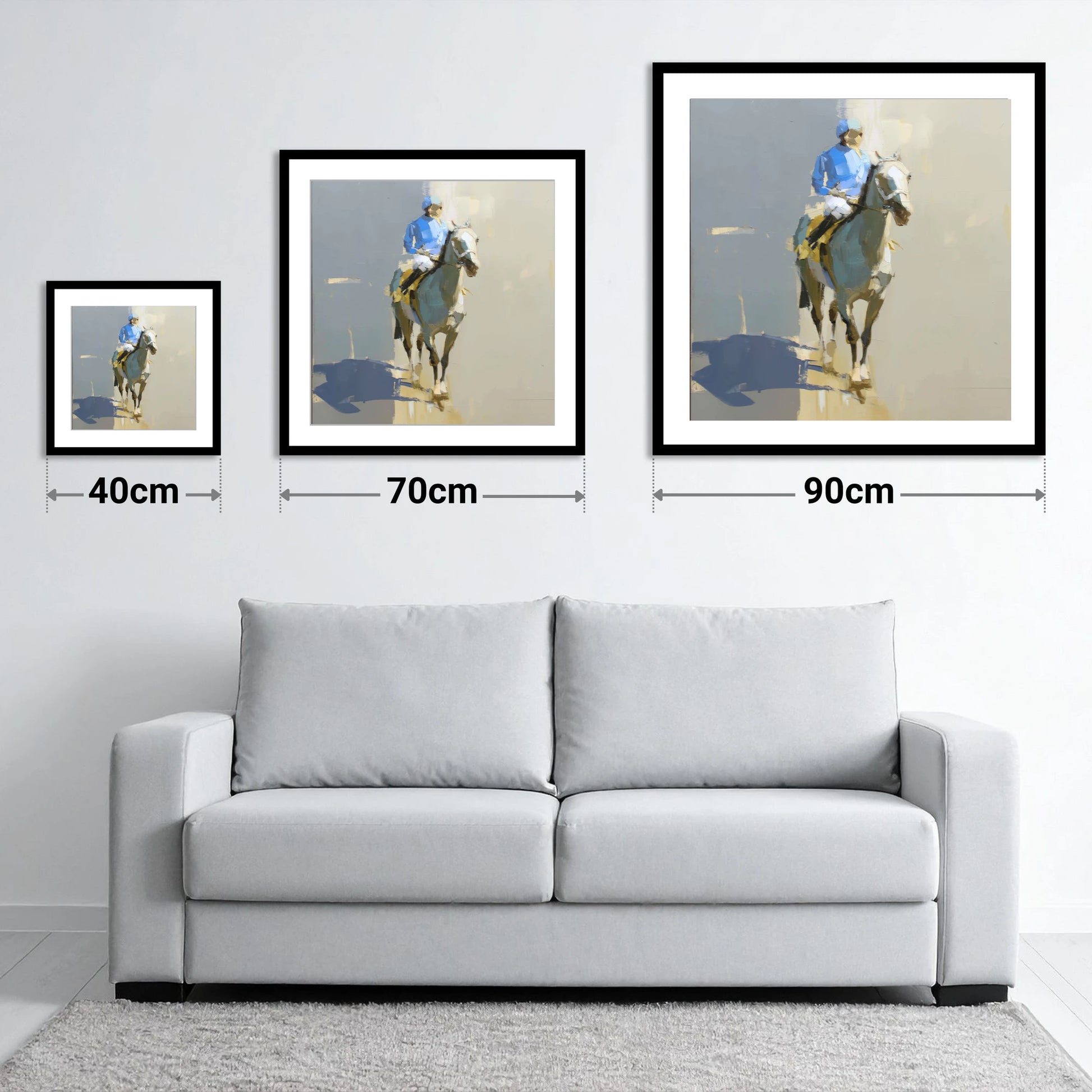 Blue Silks and Shadows - size guide showing 40cm, 70cm and 90cm art prints