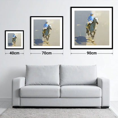 Blue Silks and Shadows - size guide showing 40cm, 70cm and 90cm art prints