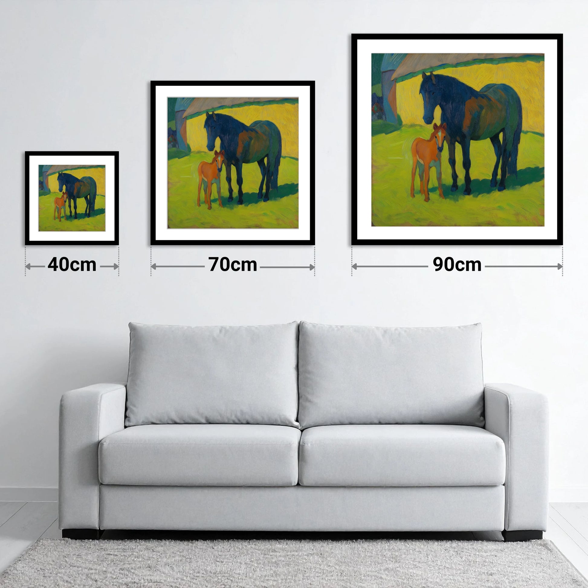 Radiant Pasture Bond - size guide showing 40cm, 70cm and 90cm art prints