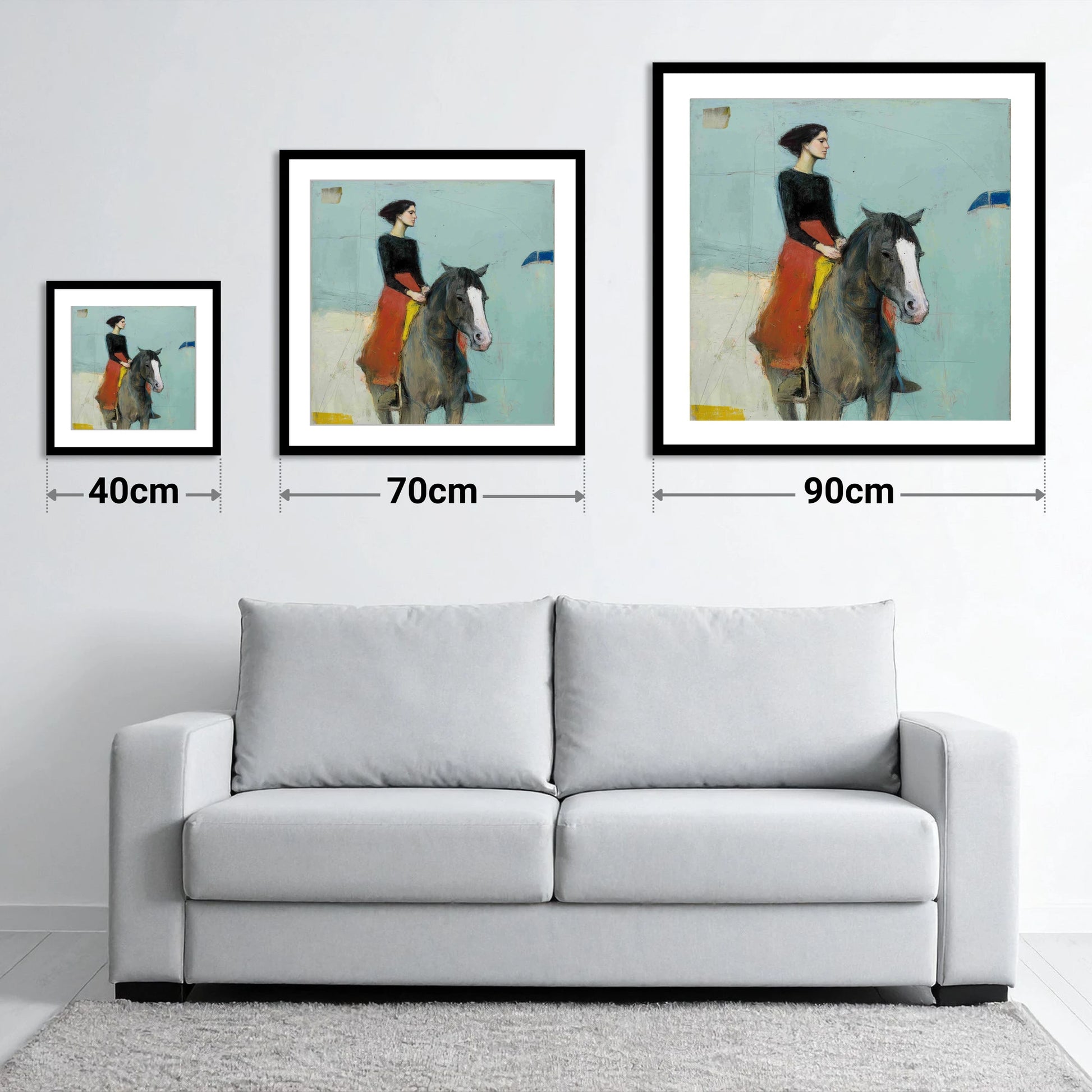 Poised in Profile - size guide showing 40cm, 70cm and 90cm art prints