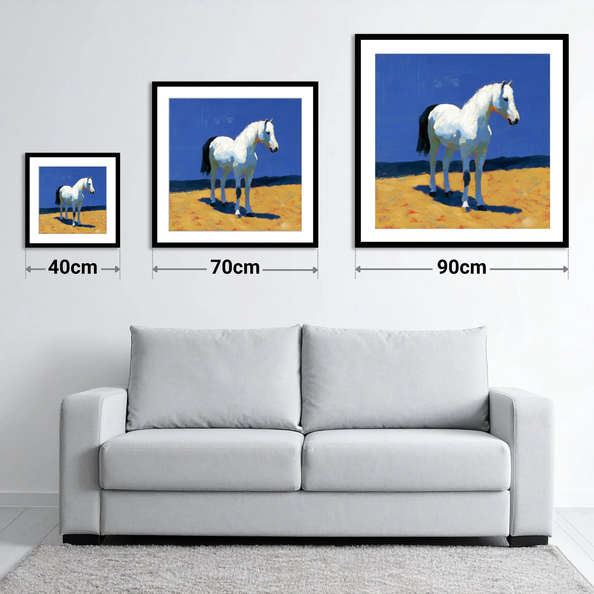 Sunlit Grey - size guide showing 40cm, 70cm and 90cm art prints