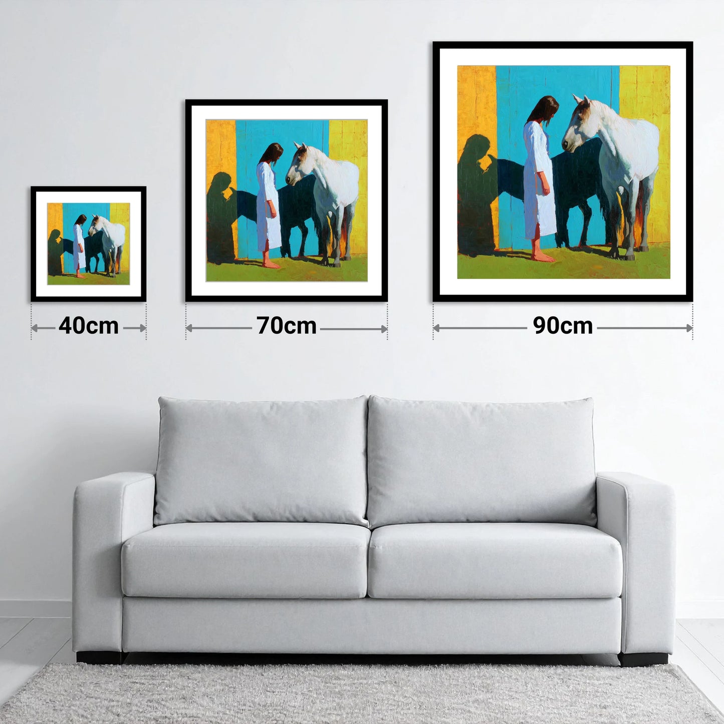 Sunlit Shadows - size guide showing 40cm, 70cm and 90cm art prints
