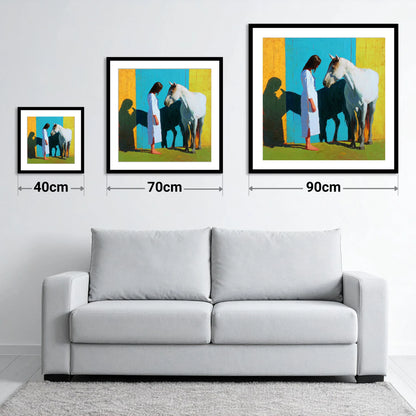 Sunlit Shadows - size guide showing 40cm, 70cm and 90cm art prints