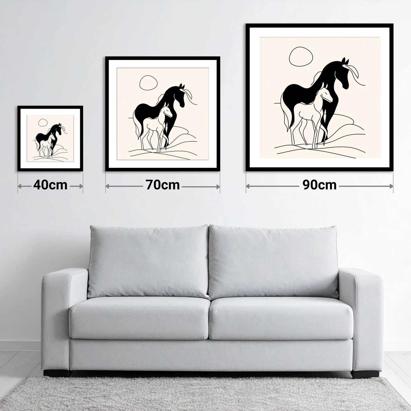 Silhouette of Devotion - size guide showing 40cm, 70cm and 90cm art prints