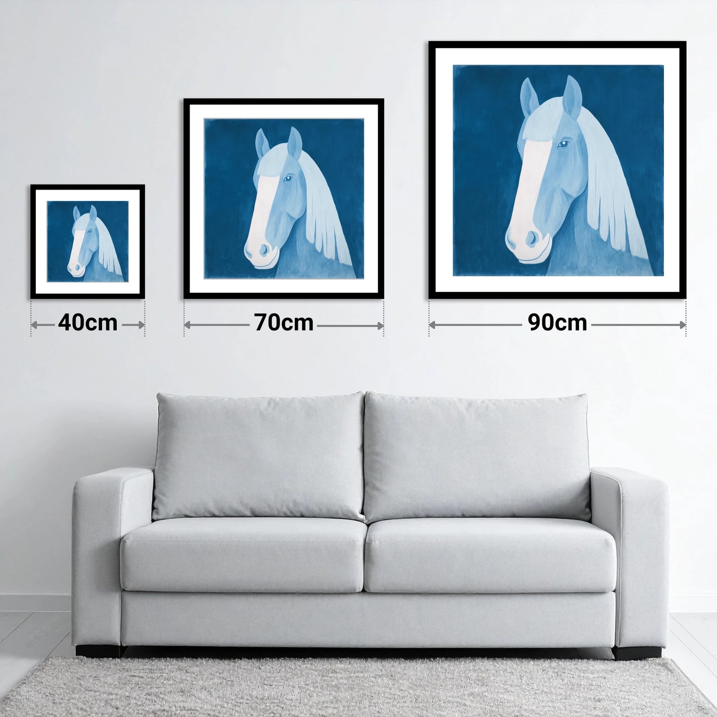 The Blue Blaze - size guide showing 40cm, 70cm and 90cm art prints