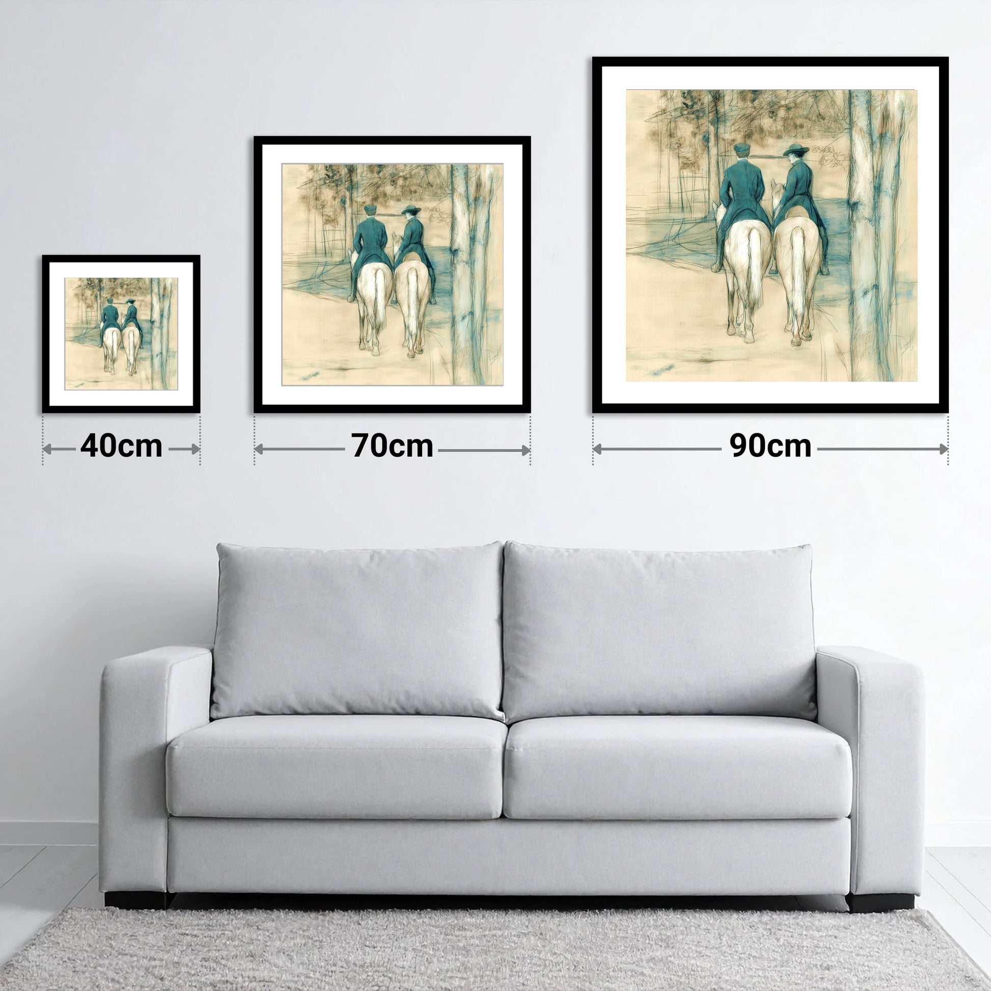 The Woodland Hack - size guide showing 40cm, 70cm and 90cm art prints