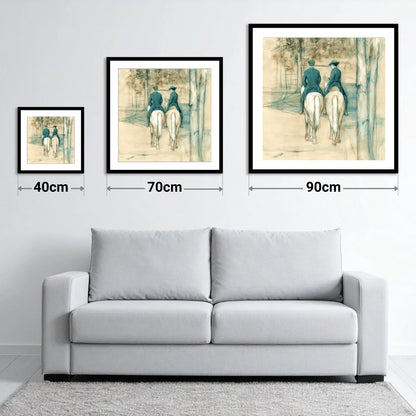 The Woodland Hack - size guide showing 40cm, 70cm and 90cm art prints