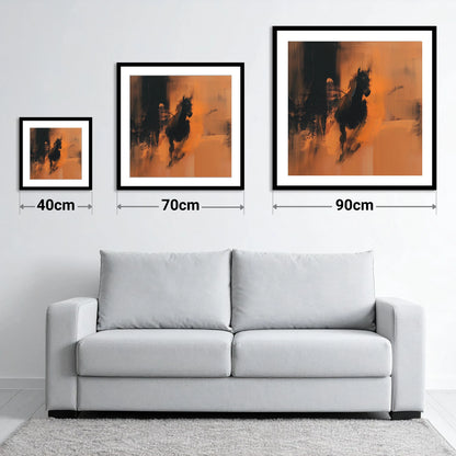 Shadow and Ember - size guide showing 40cm, 70cm and 90cm art prints